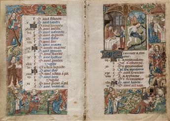 MANUSCRIPT LEAVES.  Illuminated vellum bifolium from the calendar of a Book of Hours.  France, later 15th century